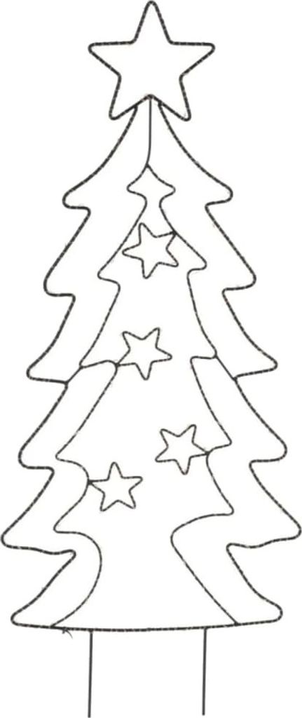 A black and white outline drawing of a Christmas tree with stars inside.