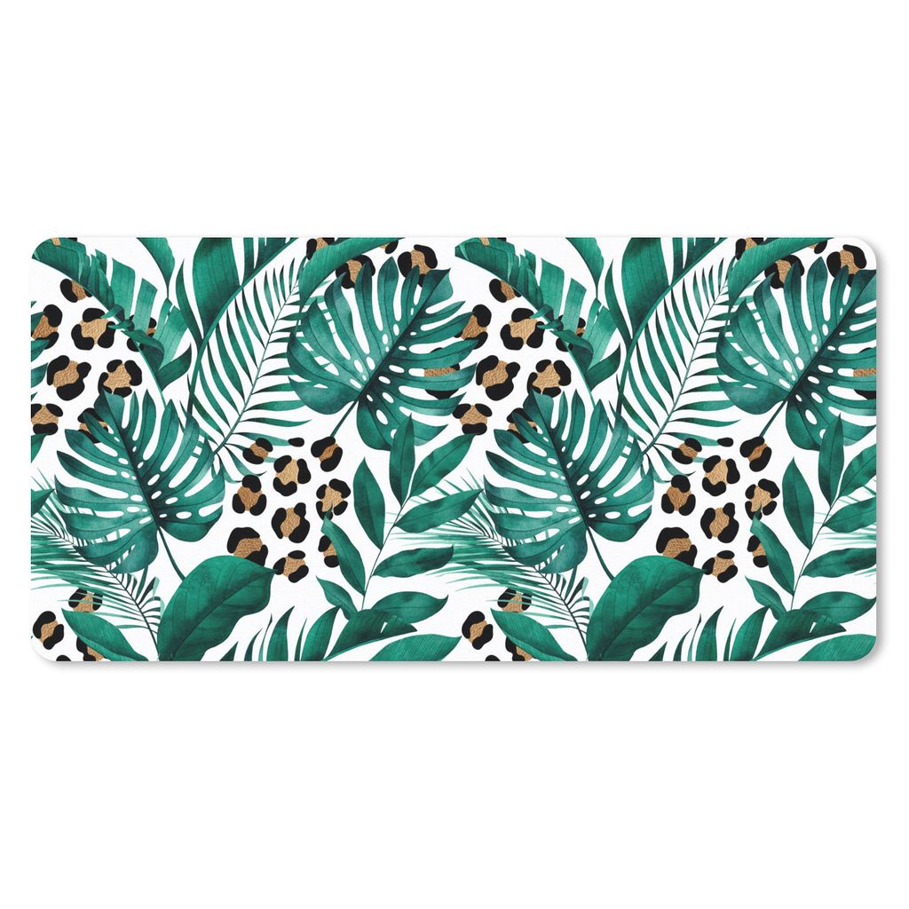 MuchoWow Schreibtischunterlage Pantherdruck - Palmenblatt - Grün 80x40 cm - XXL Mauspad - Gaming Mauspad
