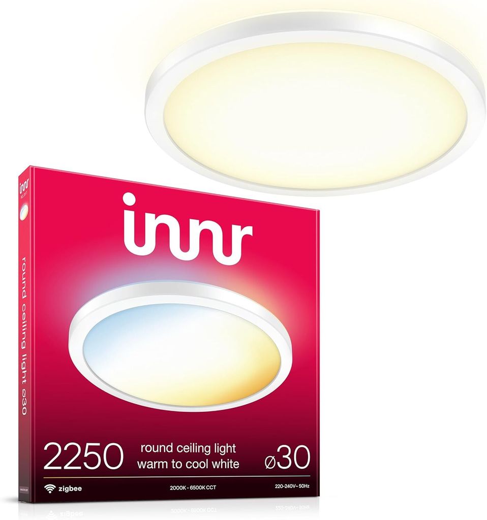 A product box for a round ceiling light, with the light itself shown above it.