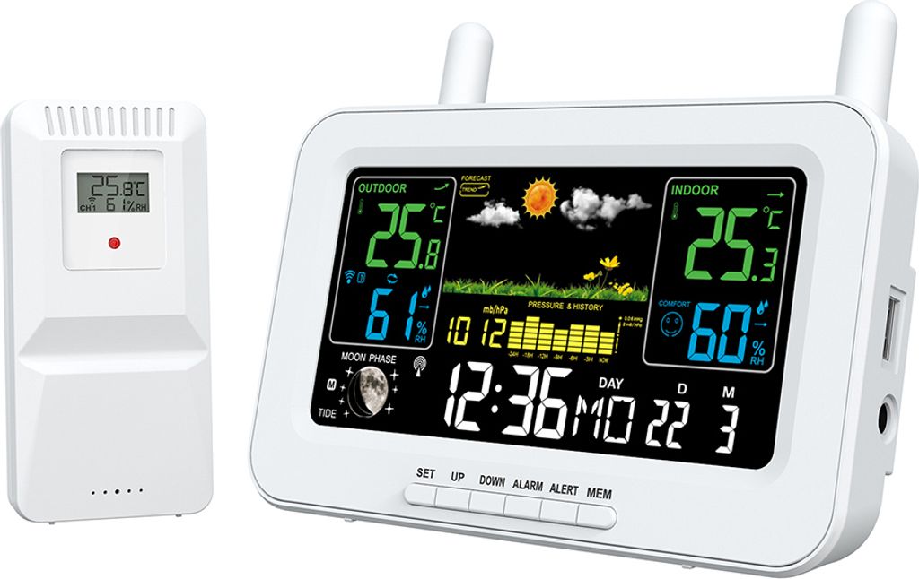 Wetterstationen, kabellose Innen- und Aussenthermometer, LCD-Farbdisplay, Temperatur- und Luftfeuchtigkeitsmonitor mit Aussensensor, Wetterthermome...