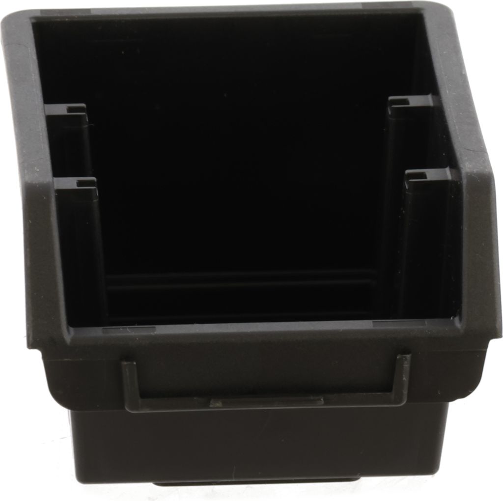 A black plastic storage bin is shown against a white background.