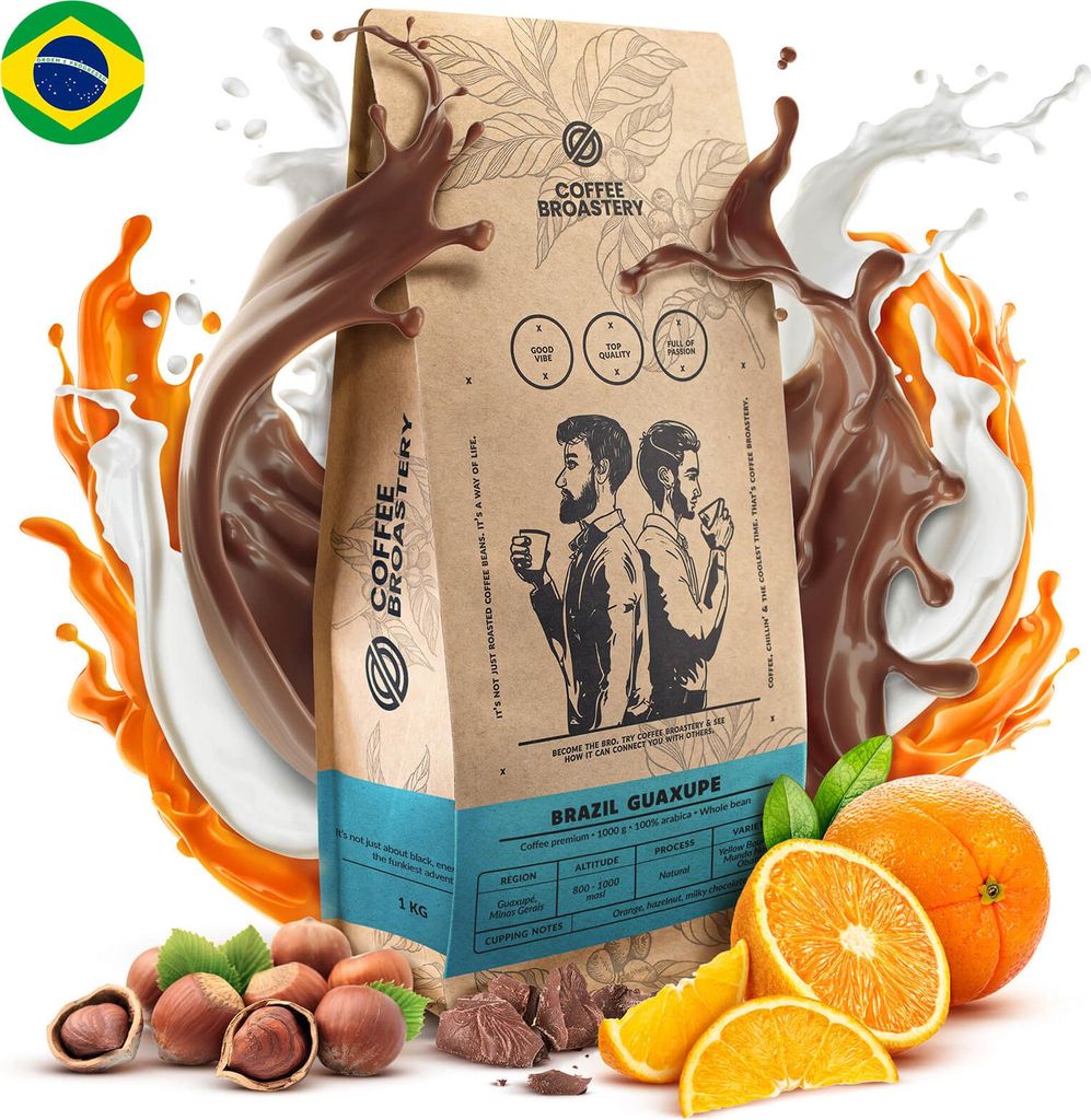 A bag of coffee beans with splashes of chocolate and orange juice, and some hazelnuts and oranges.