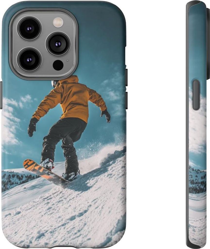 Snowboarder im gelben Anorak auf verschneiter Piste – Handyhülle Kompatibel mit iPhone 14 Pro