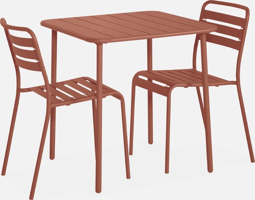A table and two chairs set.