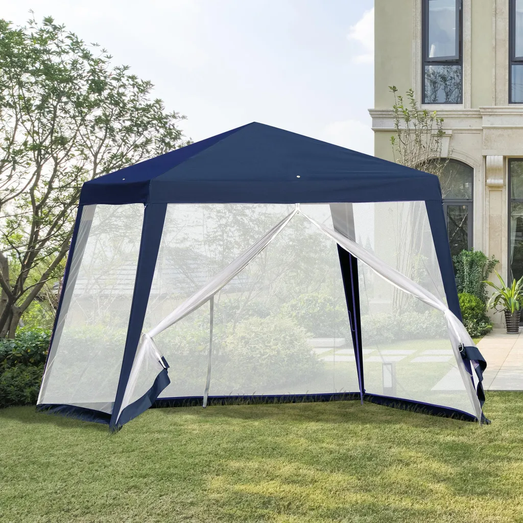 Kiosque de jardin 3x3 m en métal bleu avec moustiquaire et tente