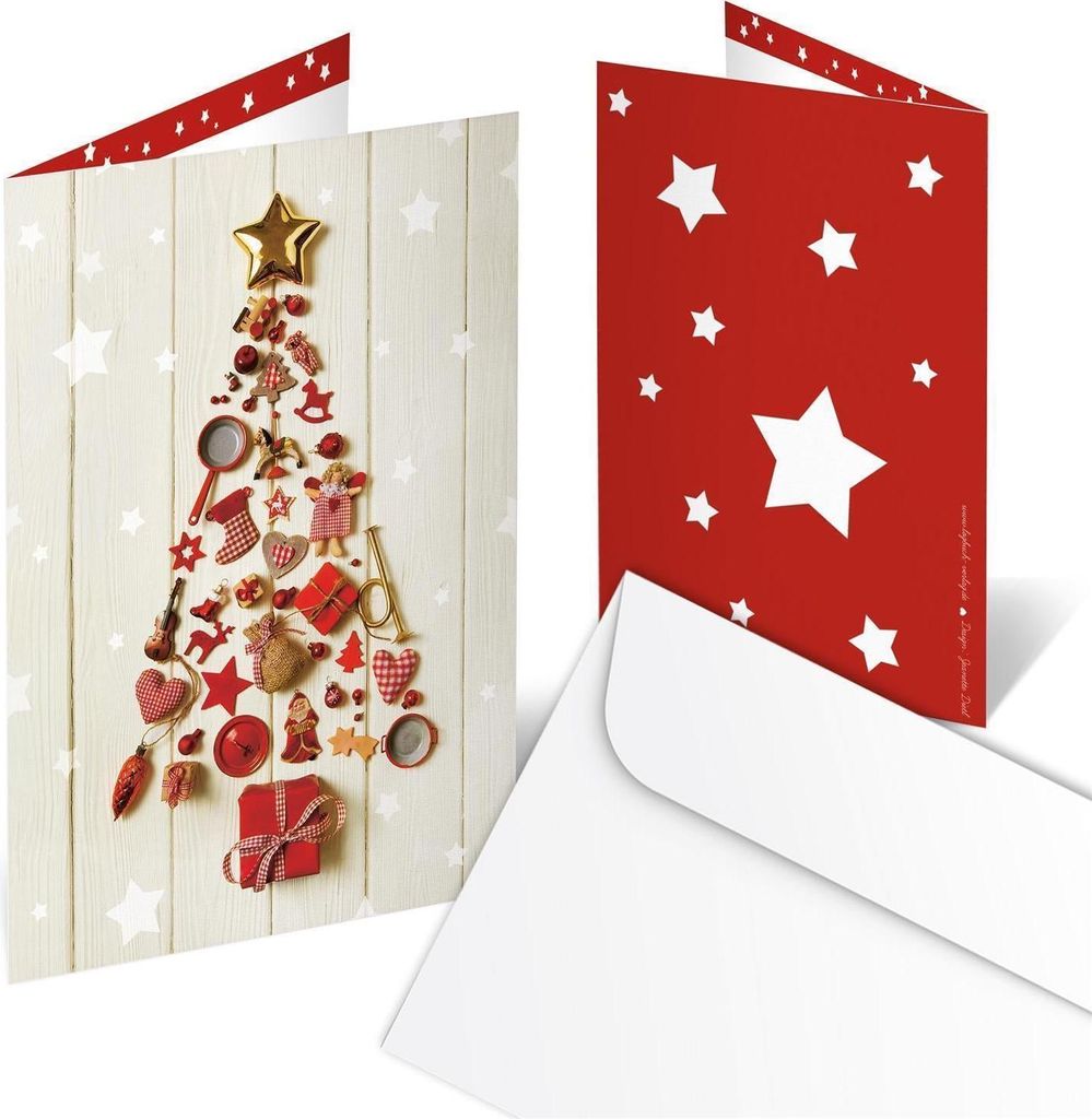 Briefumschläge + Weihnachtskarten DIN A6 hoch Klappkarten beige mit Weihnachtsbaum rot 10 Stück100 Stück