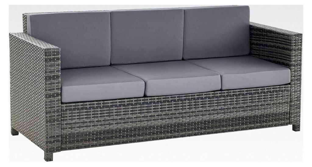 3-Sitzer Garten Loungesofa aus Poly-Rattan mit Kissen, Metall und Polyester, Grau, 185 x 70 x 80 cm