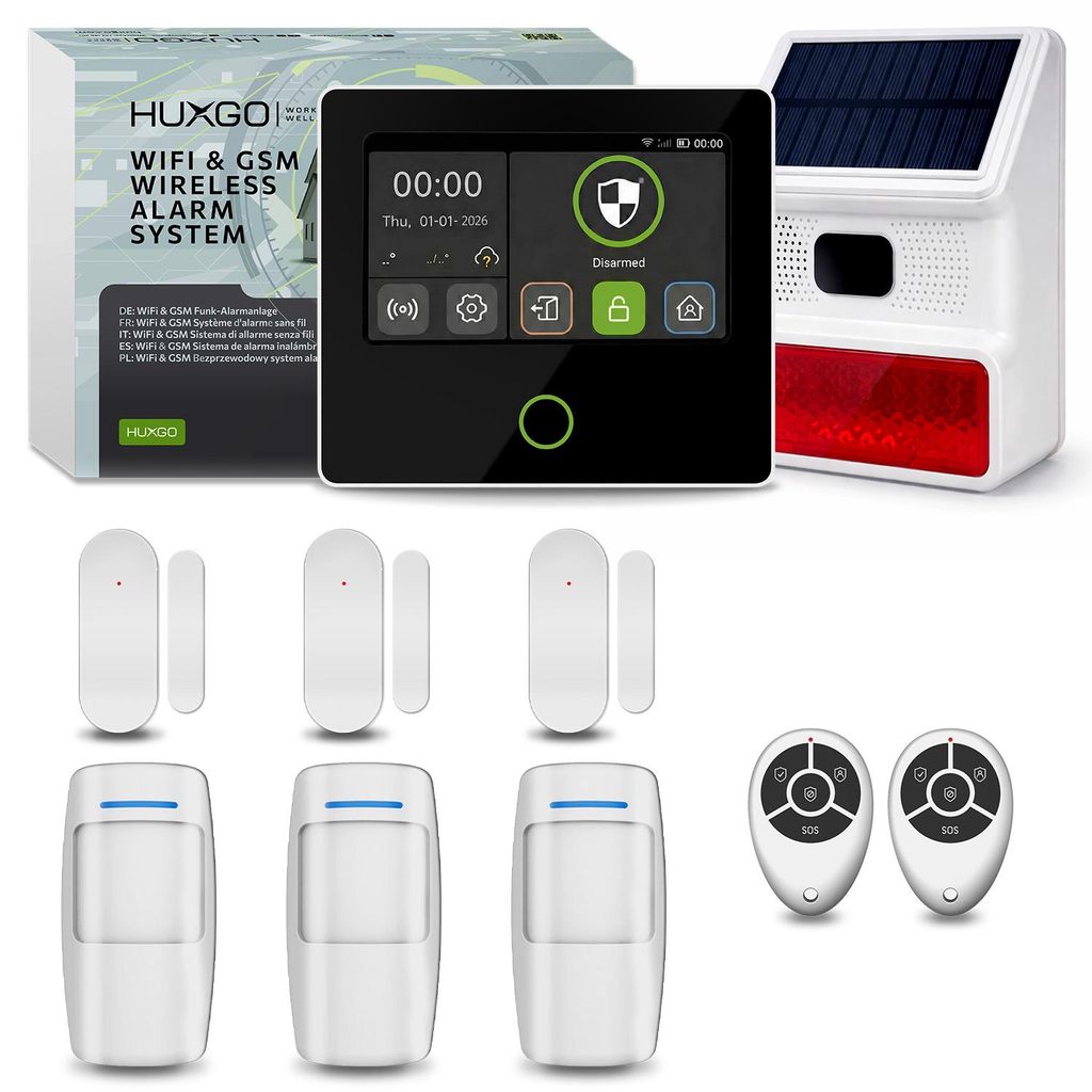 HUXGO Alarmanlage WLAN GSM 4G Set Solar Sirene 3x Bewegungsmelder 3x Türsensor