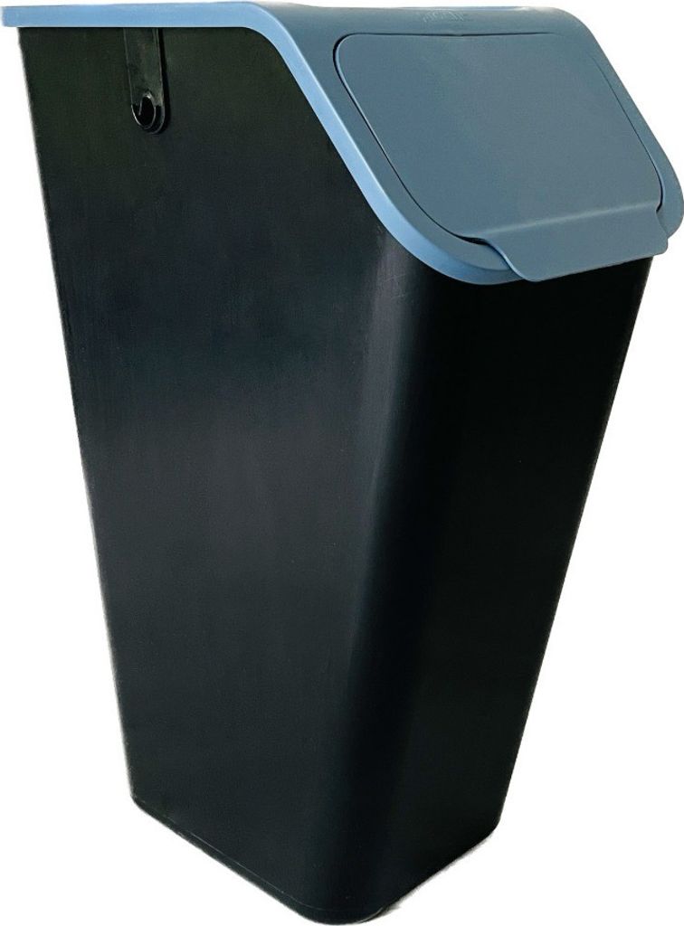 A black trash can with a gray lid, shown against a white background.