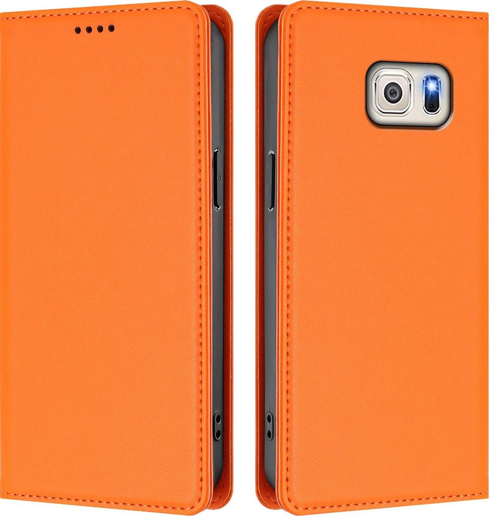 Handyhülle für Samsung Galaxy S6 Edge, Kunstleder Klapphülle Stoßfeste Magnetische Hülle mit Ständer Orange