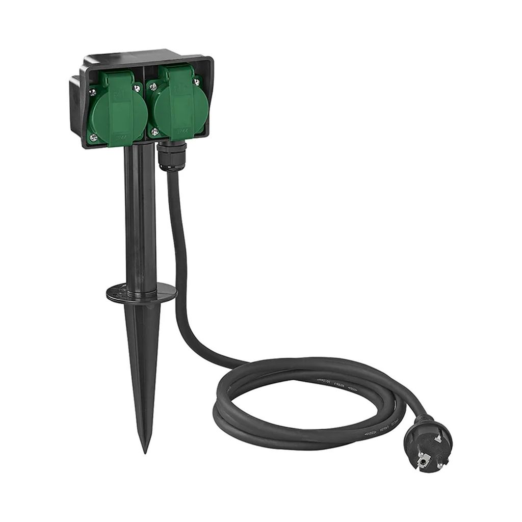 Gartensteckdose Schuko 2-fach mit Erdspieß 2m 3x2,5mm² Außensteckdose IP44