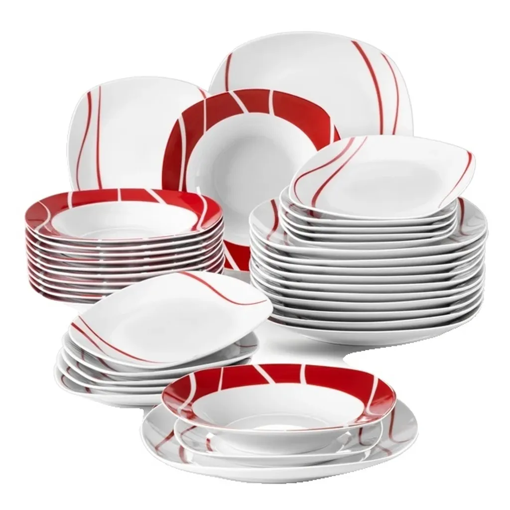 Servizio da tavola in porcellana, design a righe rosse, servizio per 6/12, 36 pezzi