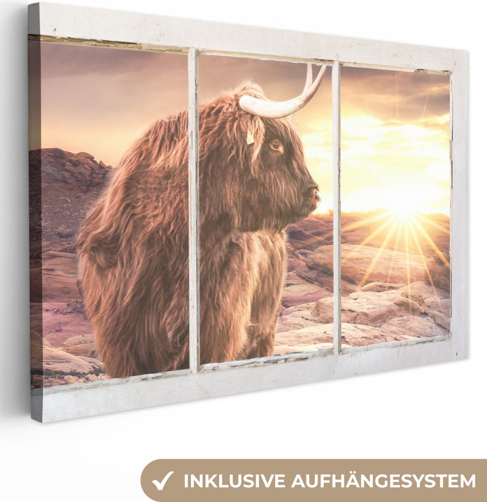 OneMillionCanvasses - Leinwandbilder - 140x90 cm, Schottisches Hochlandrind - Aussicht - Sonnenuntergang, Wandbilder Kunstdruck Wanddekoration