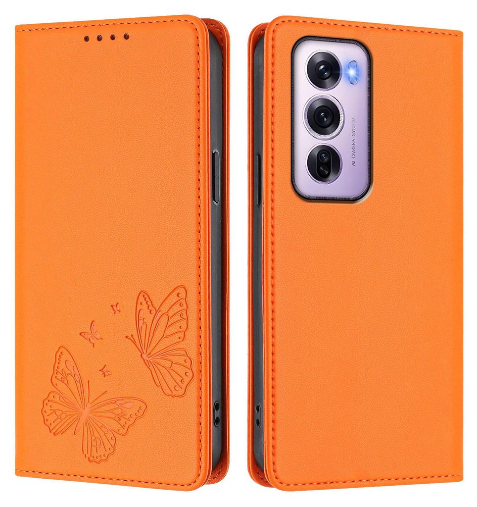 Lederhülle für Oppo Reno12 Pro 5G, Schmetterling Prägung Leder Brieftasche Schutzhülle mit Ständer Orange