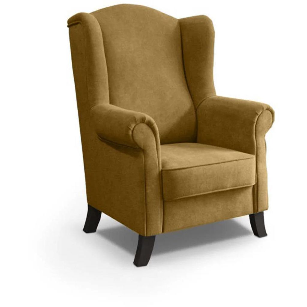 Ohrensessel LEONARDO Relax Sessel für Wohnzimmer, Polstersessel, Plüsch Senf, Holzbeine Wenge