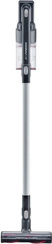 A cordless vacuum cleaner is shown standing upright against a white background.