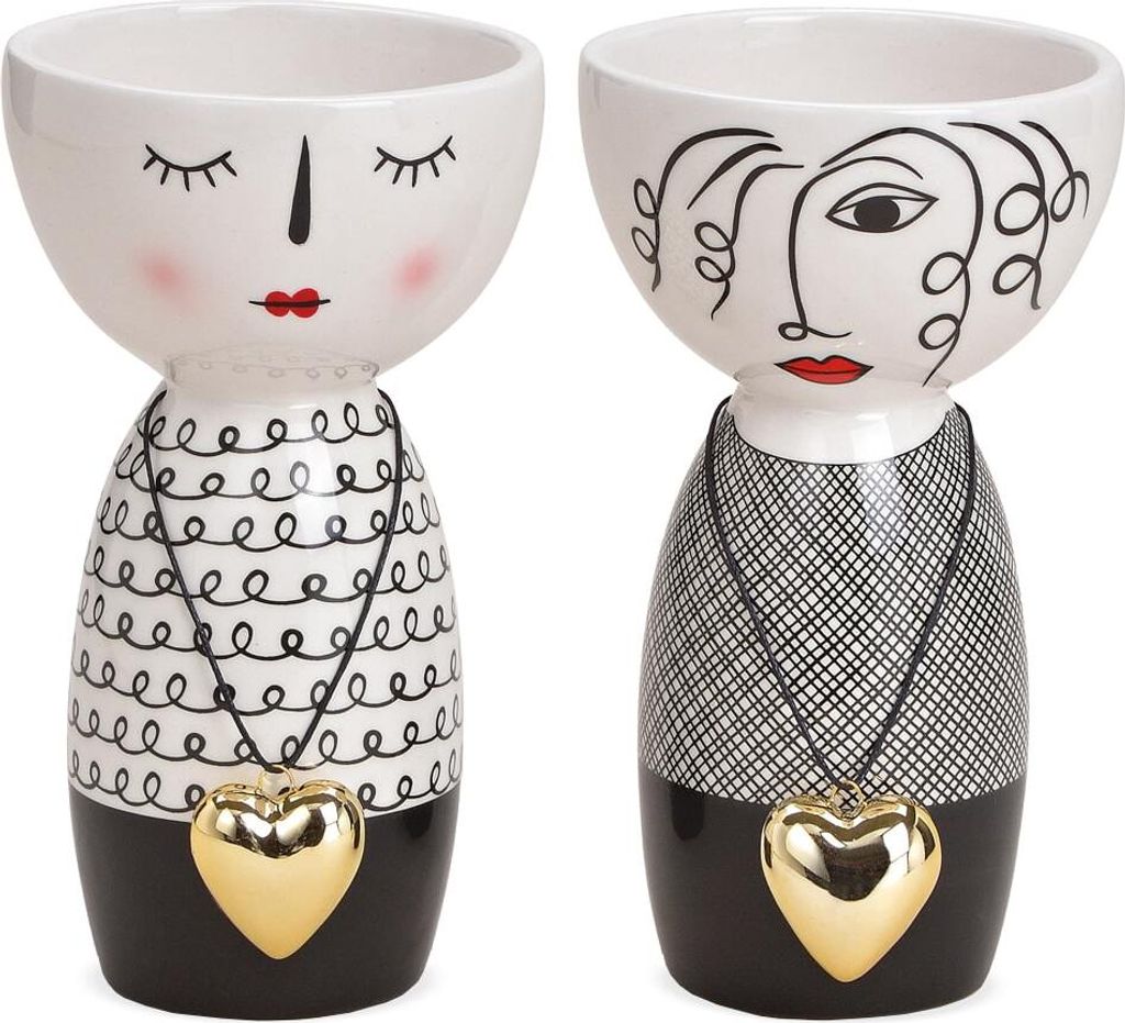 Dekovasen 2er Set 16 cm schwarz / weiß modernes Gesichter-Motiv