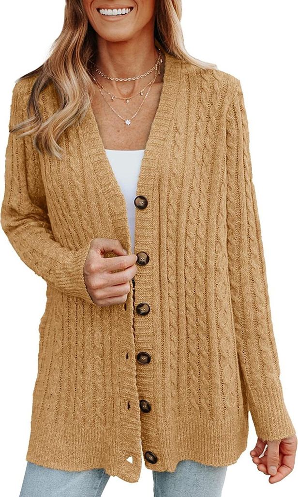 ASKSA Damen Strickjacke Langarm Grobstrick Cardigan Open Front Sweater Casual Strickcardigan Pullover, Khaki, S