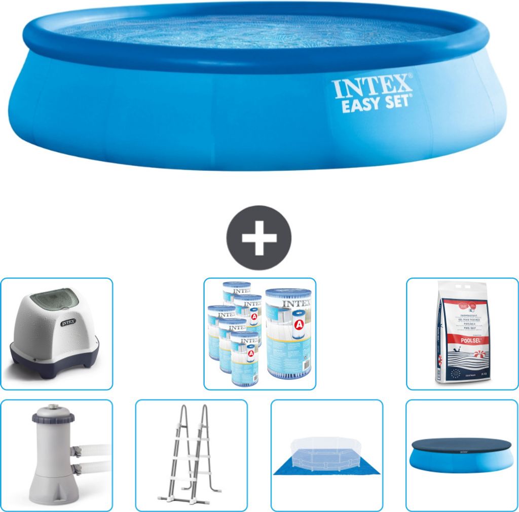 Intex runder aufblasbarer Easy Set-Schwimmpool – 457 x 107 cm – Blau – inklusive Pumpe – Leiter – Bodenplane – Abdeckung Salzwassersyst...