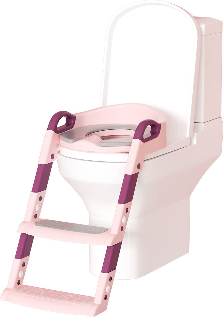 Clanmacy Höhenverstellbarer Toilettentrainer Toilettensitz mit Treppe Kinder-Töpfchen WC Sitz mit Spritzschutz und Griffen, klappbar Rosa