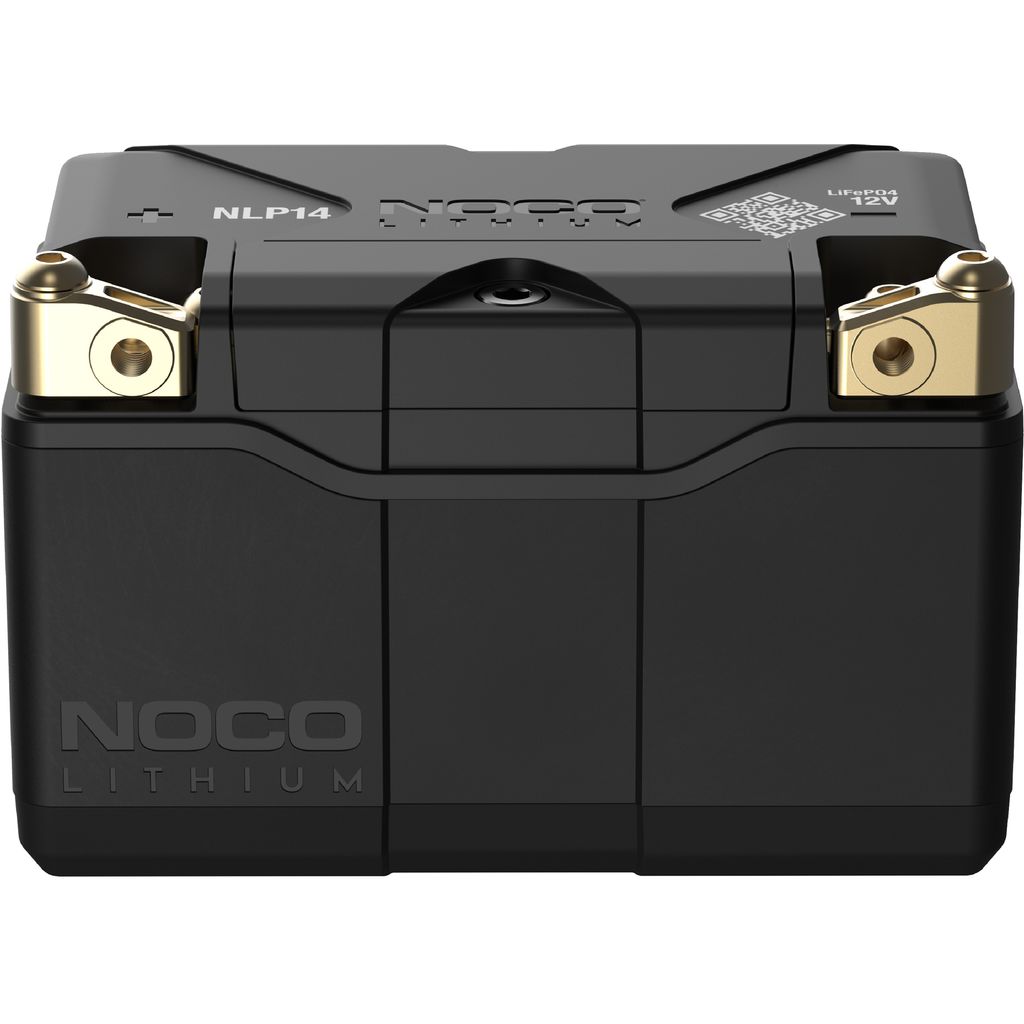 A black Noco Lithium battery with gold terminals, shown from the front.