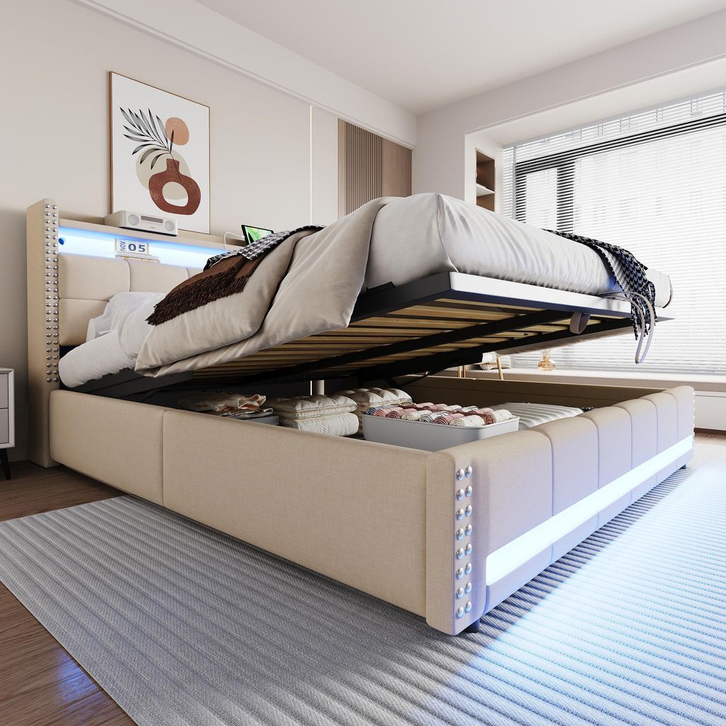 okwish Polsterbett mit Bettkasten 180x200 Doppelbett mit LED Beleuchtung und USB Anschluss,Kopfteil mit Regal und Stauraum,Beige(ohne Matratze)