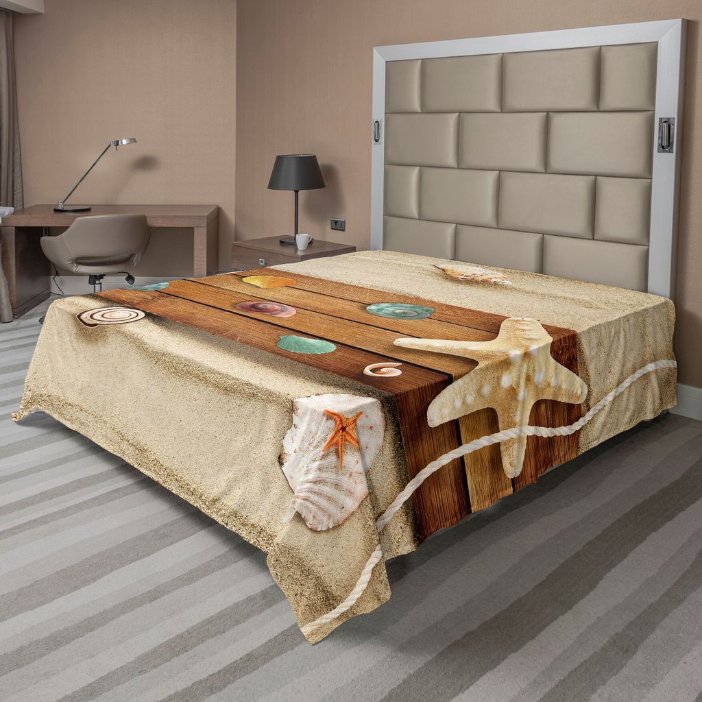 ABAKUHAUS Strand Bettlaken, Rustikales Brett mit Muscheln auf Strand bunte Zusammensetzung mit Sommersaison Elementen, weiches bequemes oberes Bett...