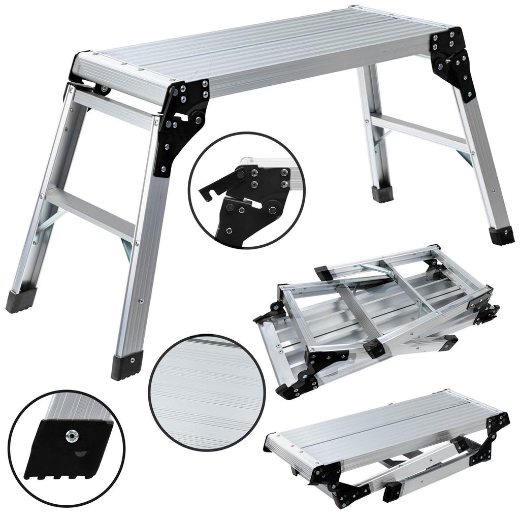 Craftfull Arbeitsplattform CF-107A | Arbeitsbühne - Klappbar - Anti-Rutsch - Aluminium - Mobil - Klappwerkbank - Podest - 150 kg (Silber/Schwarz)