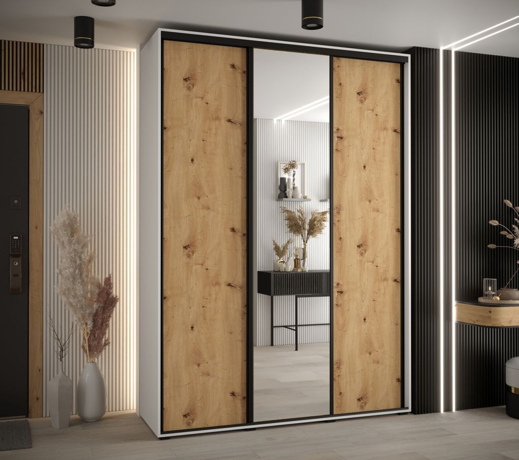 Kleiderschrank ASIRI 3 – 180/45 cm, weiß/Eiche handwerklich/schwarz