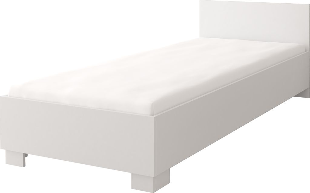 A white single bed frame with a white mattress on a white background.