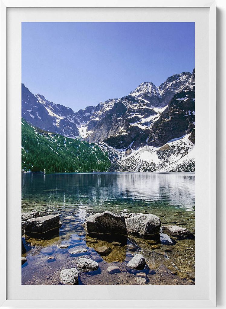 Bergsee-Landschaft– Wandbild mit Rahmen – Gerahmtes Bild – Wanddekoration – 70x100 cm – Weiß Rahmen