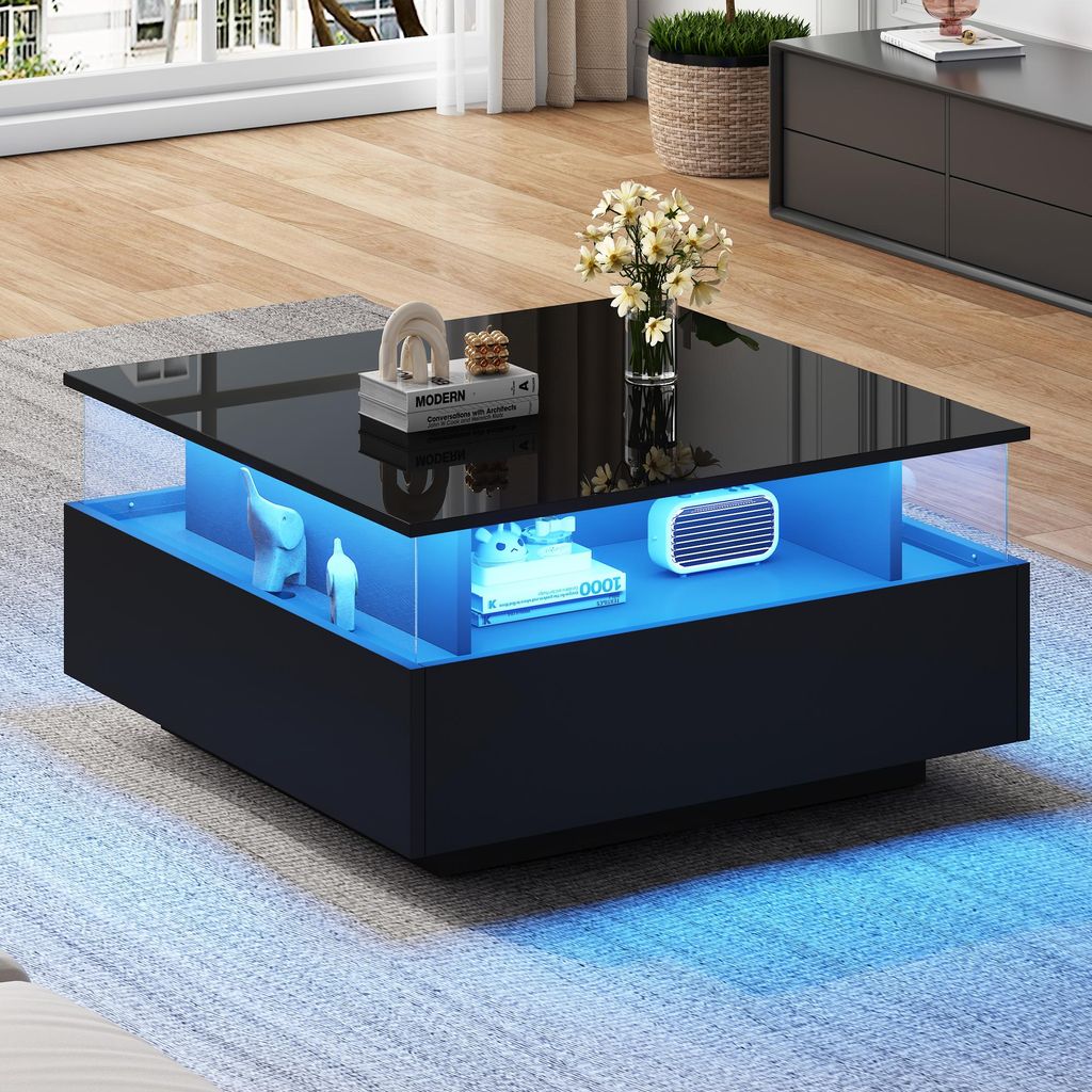 A modern coffee table with LED lighting in a living room setting.