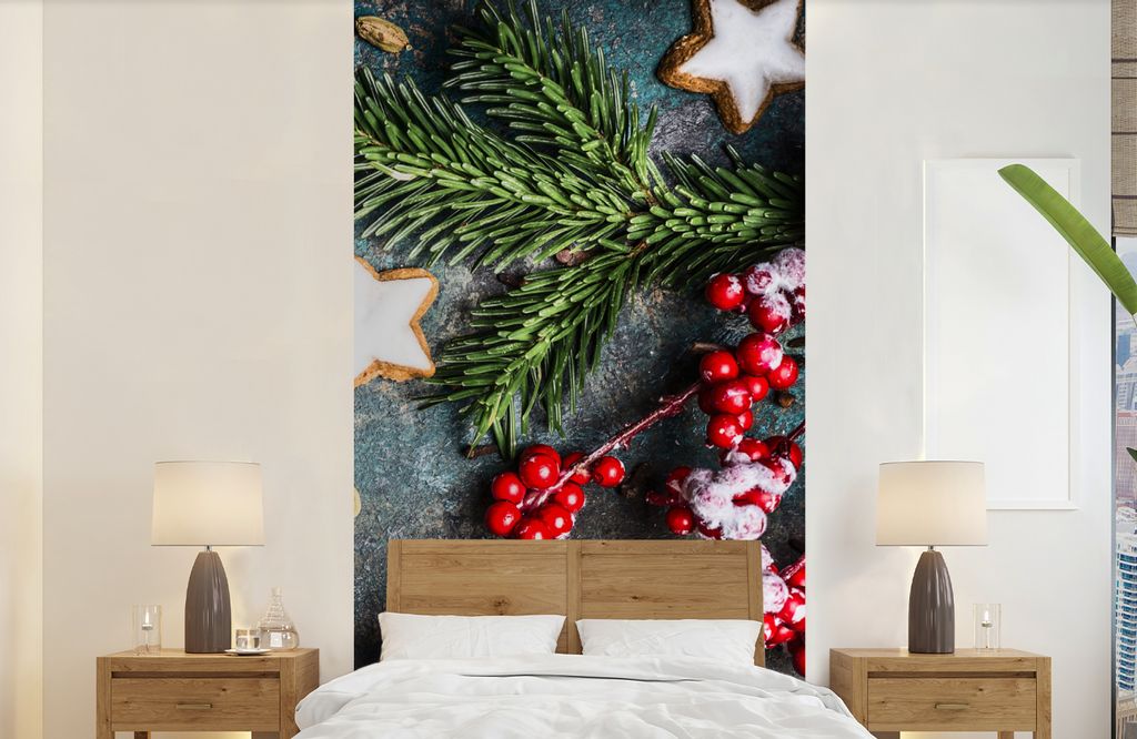 MuchoWow Fototapete für Wohnzimmer oder Schlafzimmer Wandtapete Vinyl Motivtapete Weihnachten - Rustikal - Zweige - Sternanis - Beeren - Rot - 1...