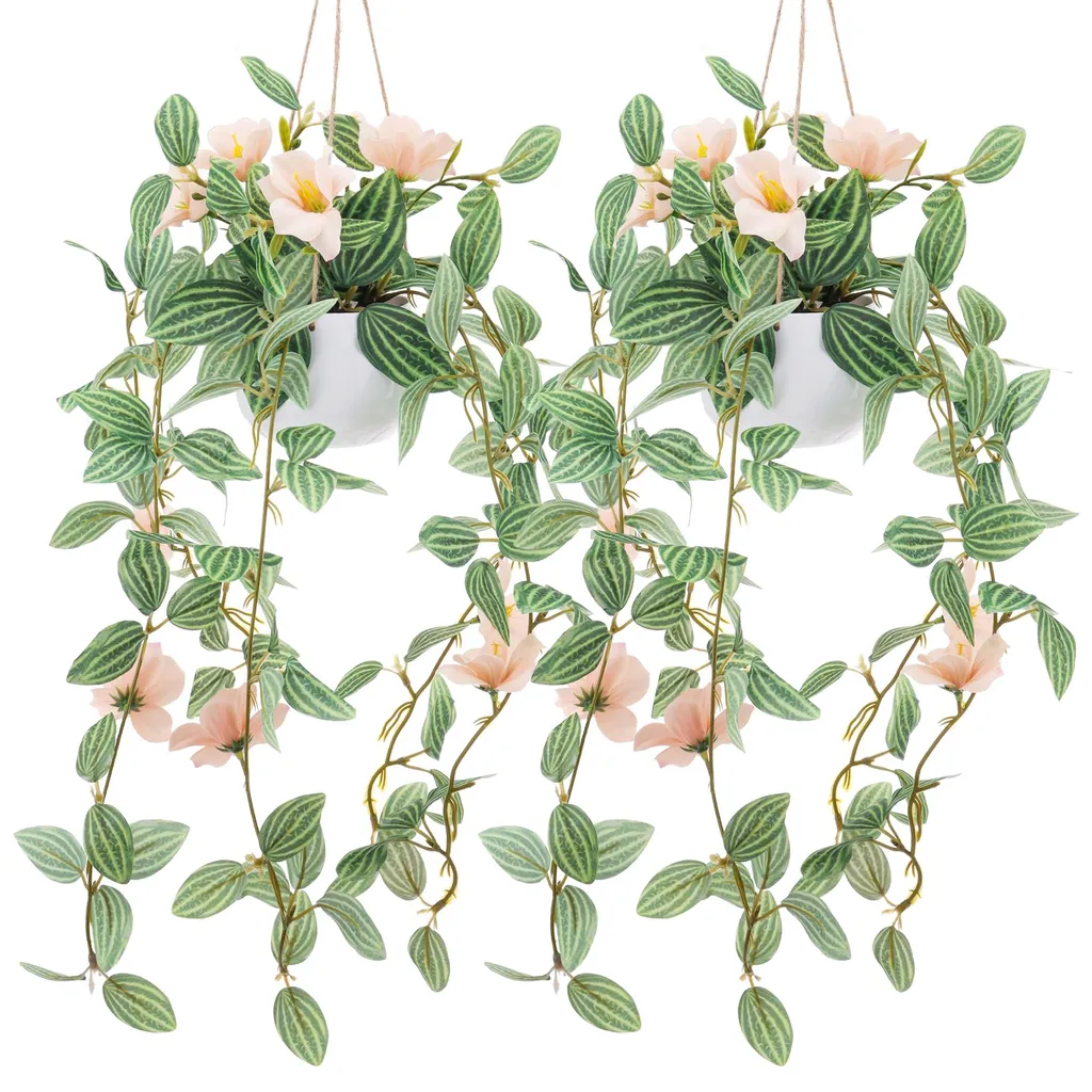 Lot de 2 plantes suspendues artificielles fleurs champagne lierre 60cm