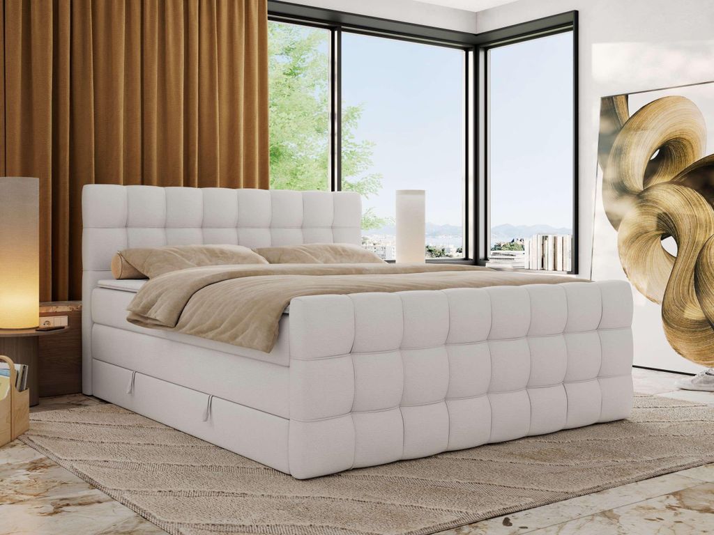 MKS MEBLE Boxspringbett mit Stauraum ALTIVO KING DUO 200x200 Bett mit Fußteil Multipocket-Matratze H3 Polsterbett für das Schlafzimmer - Weiß Ku...