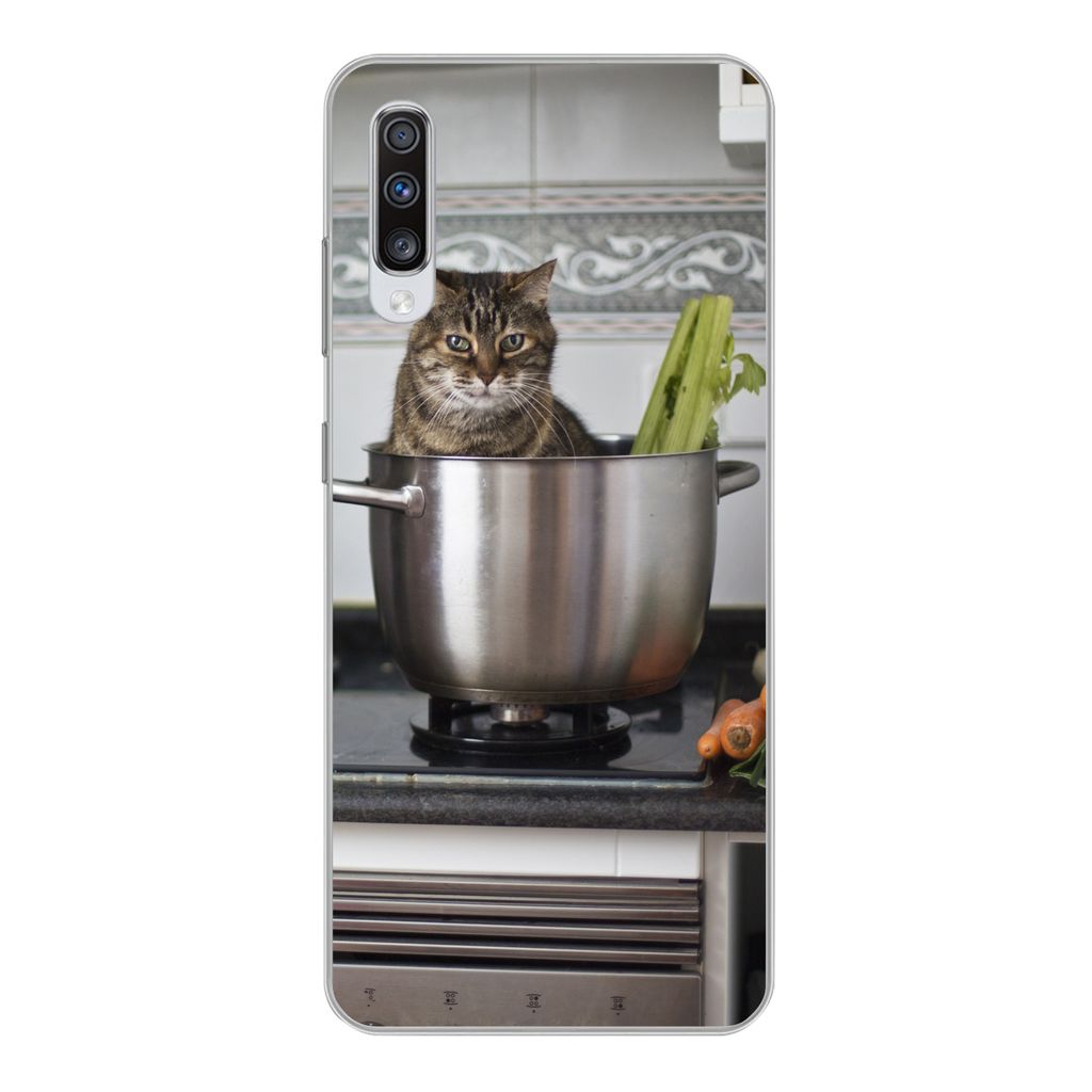 MuchoWow Handyhülle Schutzhülle Hülle für Samsung Galaxy A70 Katze - Pfanne - Küche Silikon Softcase Handy Hülle - Schutzhaube