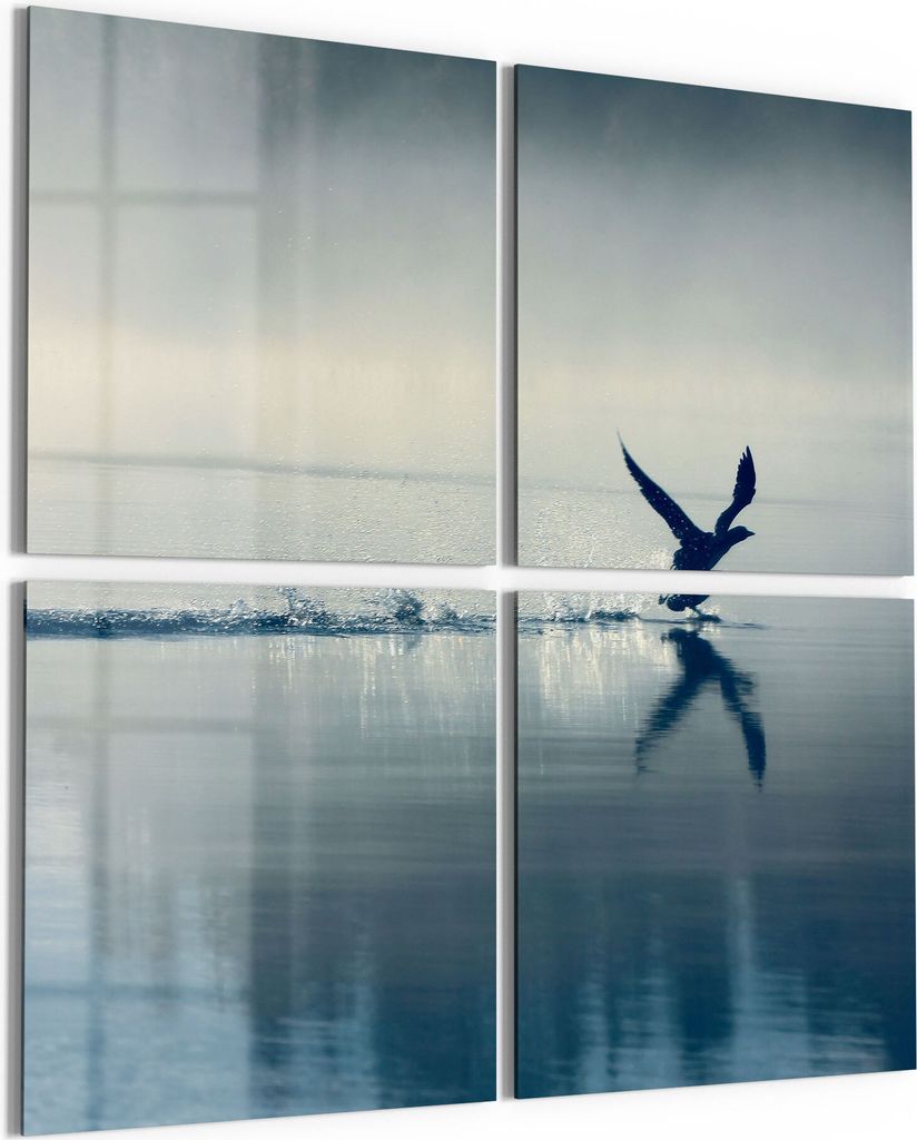 DEQORI Glasbild Echtglas 4x50x50 cm 'Vogel landet auf Wasser' Wandbilder XXL groß