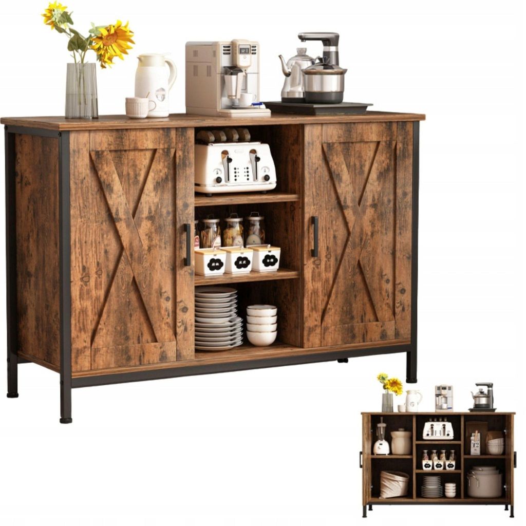 A rustic-style sideboard with sliding barn doors, displaying kitchenware and appliances on its top surface and within its shelves.