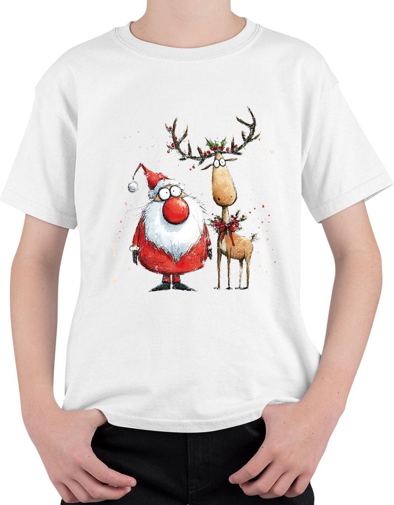 Weihnachtsmann Rentier lustig rote Nase Weihnachten Geschenk Uni Kinder T-Shirt, Weiß, 128