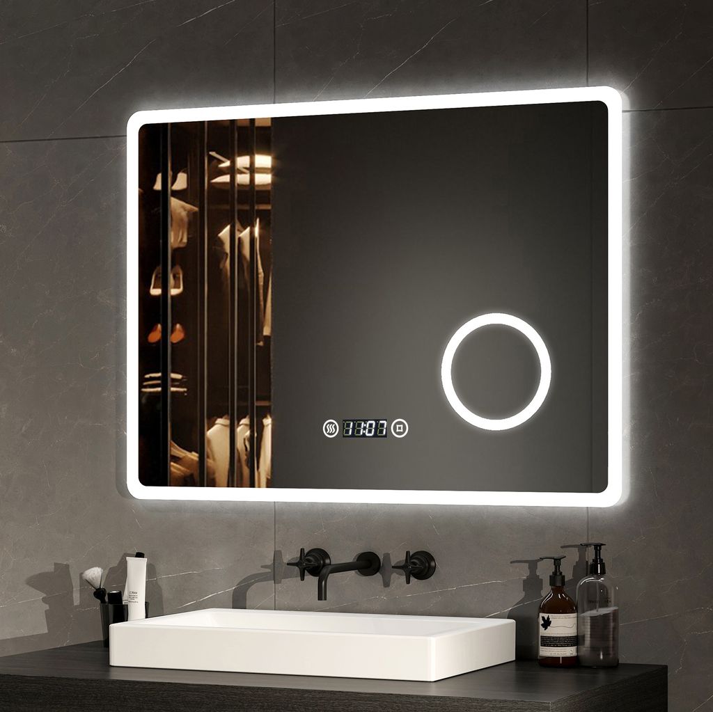 EMKE Badezimmerspiegel LED Badspiegel Wandspiegel 90x70cm mit Touch-Schalter Vergrößerung Schminkspiegel Multifunktional Beschlagfrei und Uhr