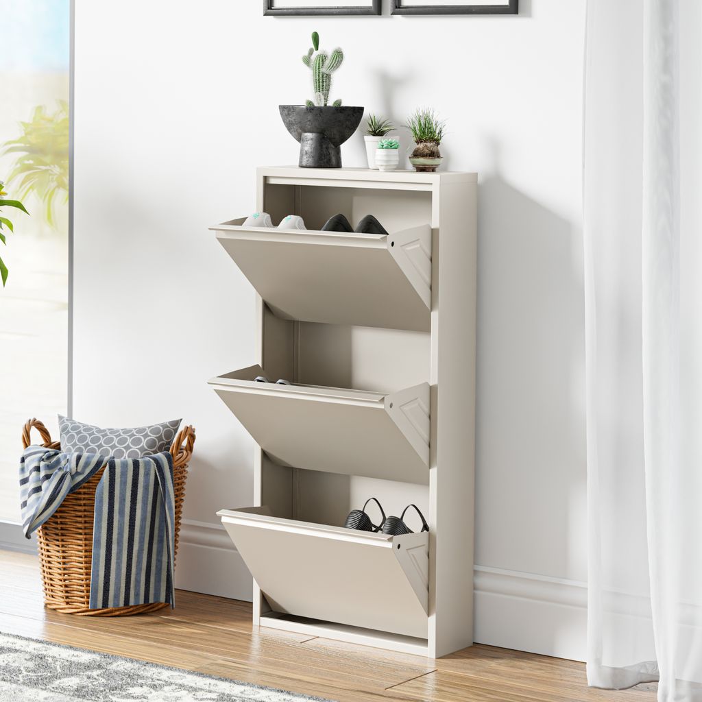 Schuhkipper 'Sokndal' mit 3 Klappen Metall 104 x 50 x 15 cm Pfefferweiß