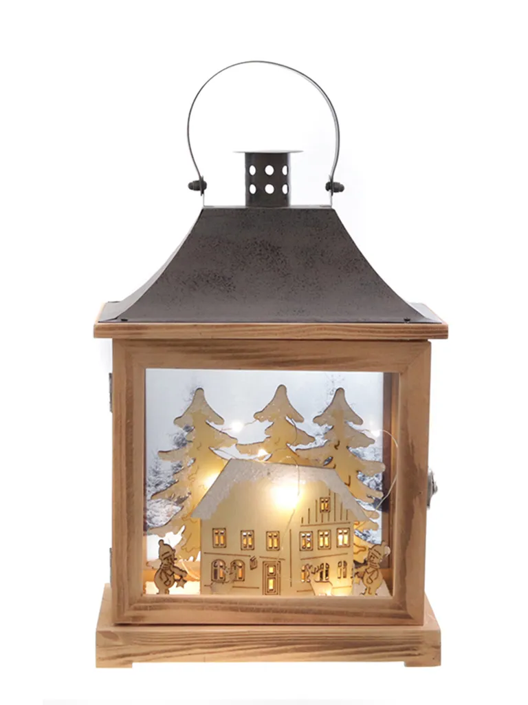 Lanterne lumineuse paysage d'hiver 30cm en bois brun avec éclairage LED - 6