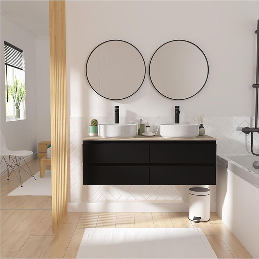 Meuble double vasque SORRENTO suspendu avec plan effet bois Image du produit 