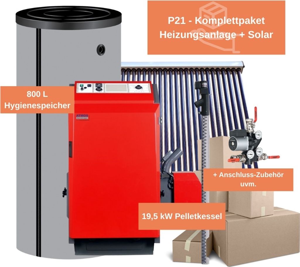 ATMOS Pelletkessel Rundum Sorglos Paket P21 für Heizung & Warmwasser & Solar
