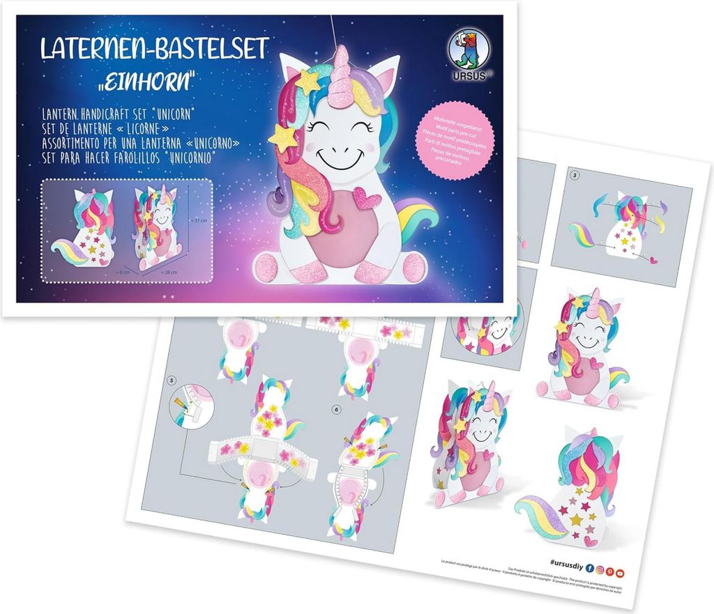 A collage of images showing a unicorn lantern craft set, including the finished product and assembly instructions.