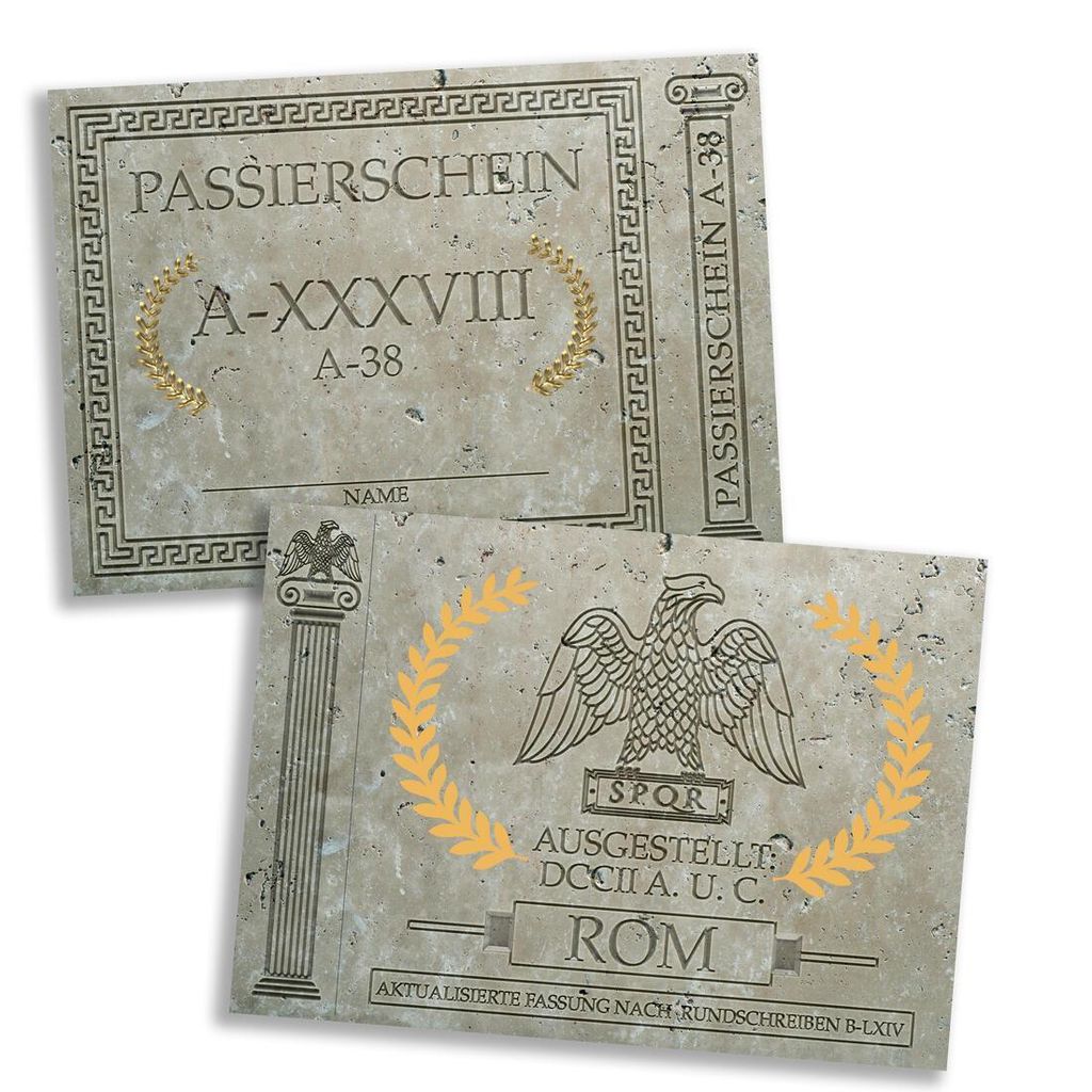 Two vintage-style passes or tickets with Roman-inspired designs.