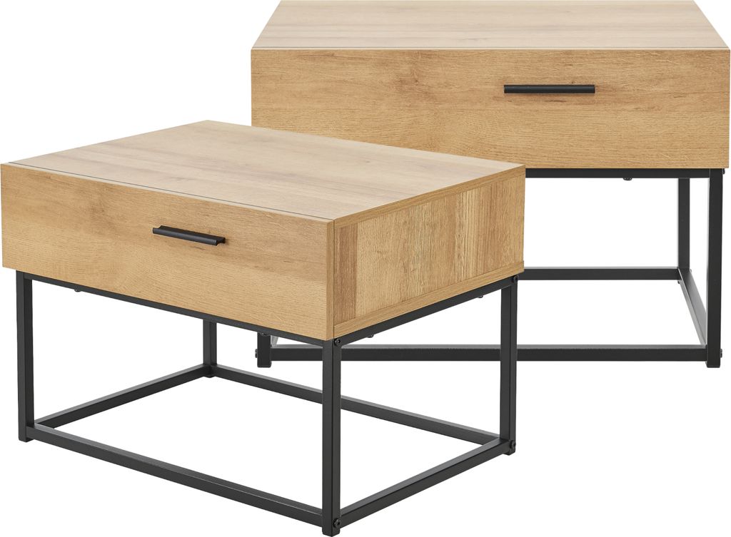 Two wooden bedside tables with black metal frames are shown against a white background.