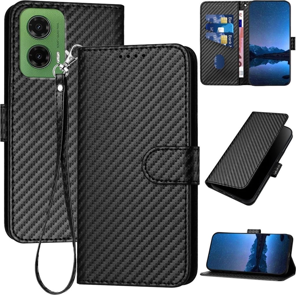 Für Motorola Moto G35 Carbon Fiber Design Kunstleder Hülle Tasche mit Lanyard Schwarz