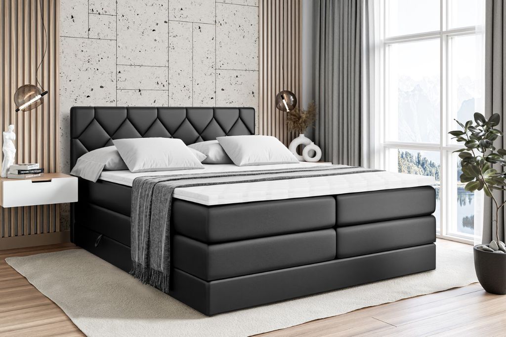 ALTDECOR Boxspringbett mit 2 Matratzen und Topper - 160x200 cm - CATOR KING -Schwarz Kunstleder - Polsterbett mit, H3- und H4- Matratzen, Bettkaste...
