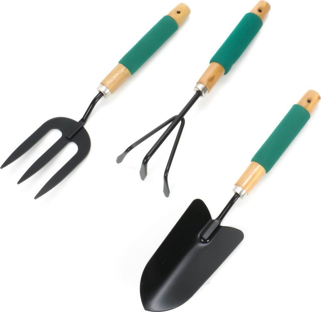 Gartenwerkzeug-Set, Handrechen, Grabegabel und Pflanzschaufel mit Vorbohrung für Aufhänger, für Balkon, Terrasse und Garten